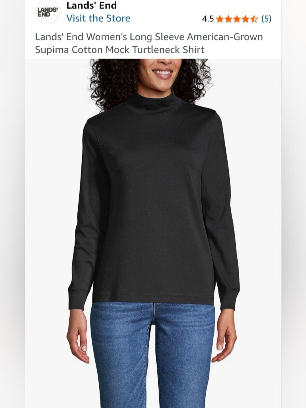Lands' End Black 100%Supima Cotton Mock Turtleneck Sweatshirt Large